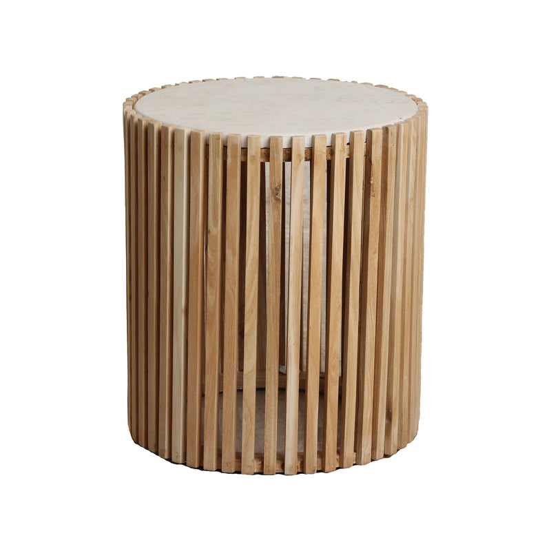 Table d'appoint marbre et bois naturel structure ajourée – Ø40 cm