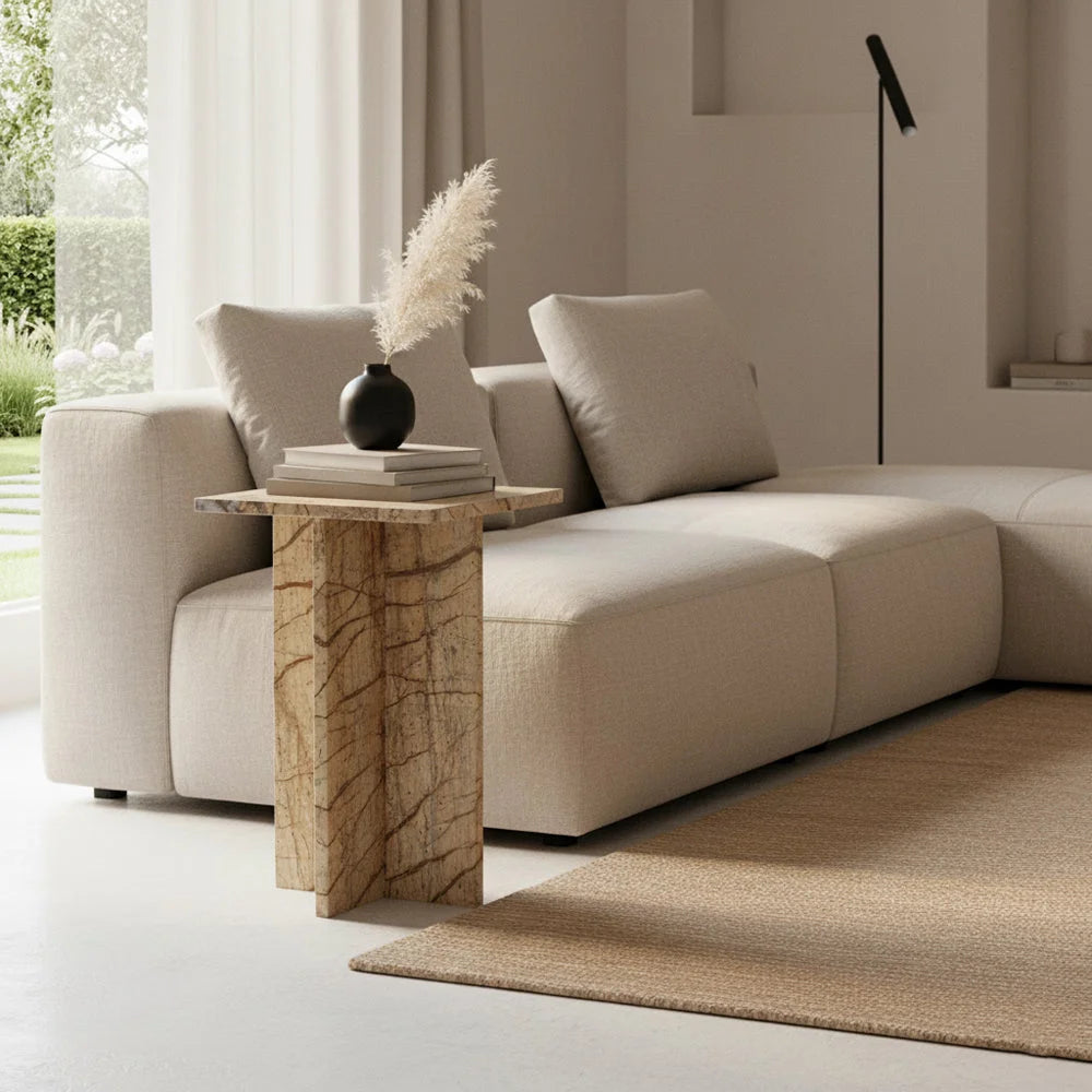 Table d’appoint en marbre beige et brun, piètement croisé, 35x35 cm