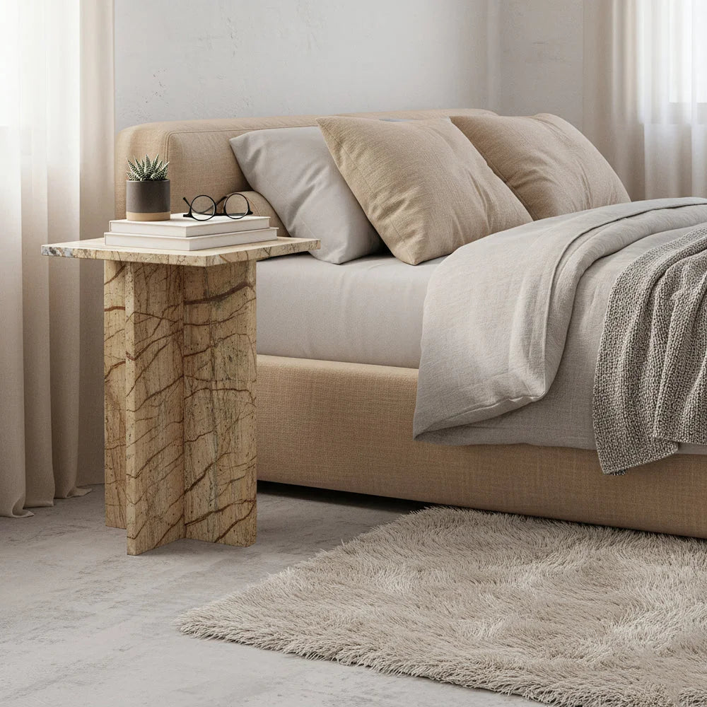 Table d’appoint en marbre beige brun, piètement croisé, 35x35 cm