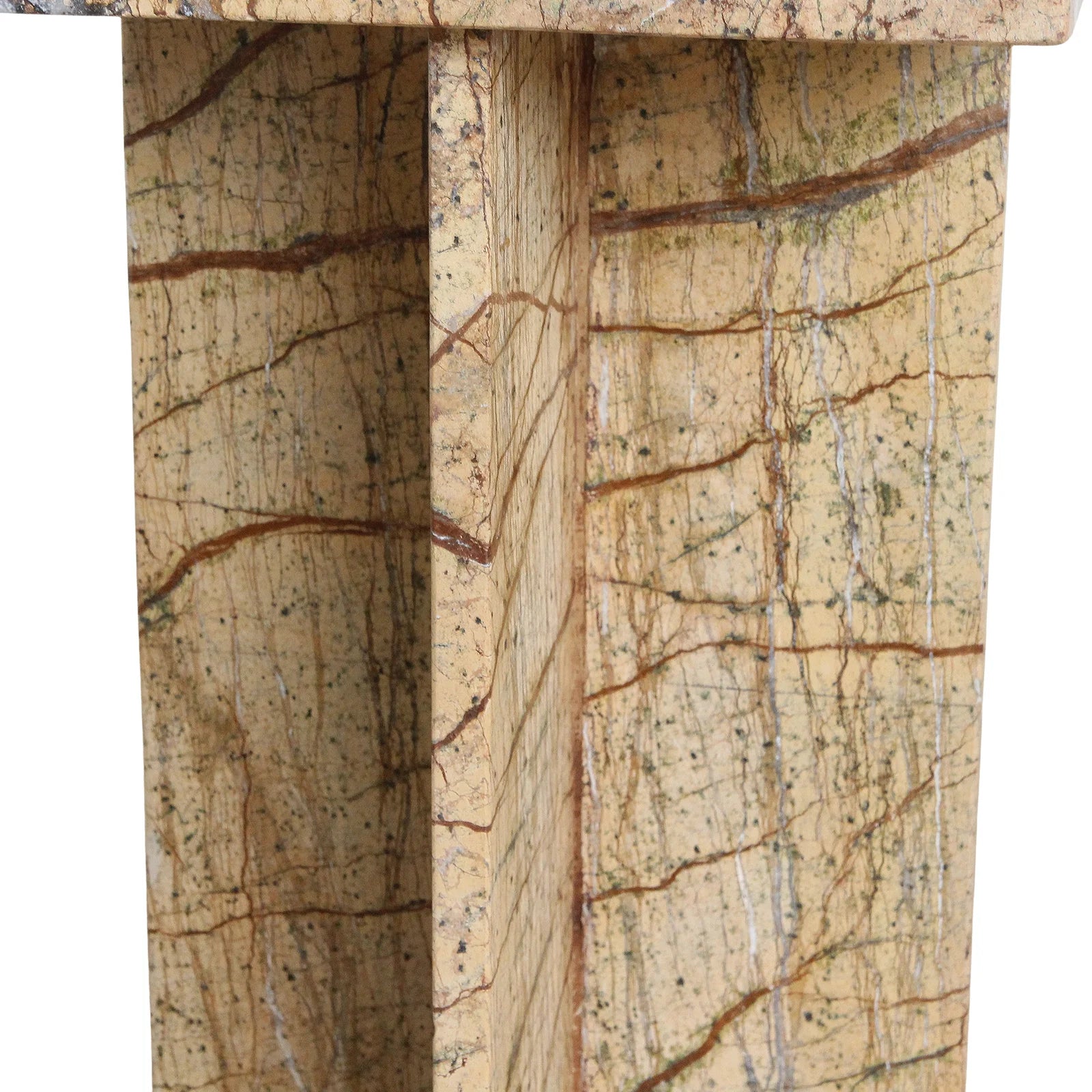 Cheminée en marbre beige avec veines brunes, piètement croisé 35x35 cm