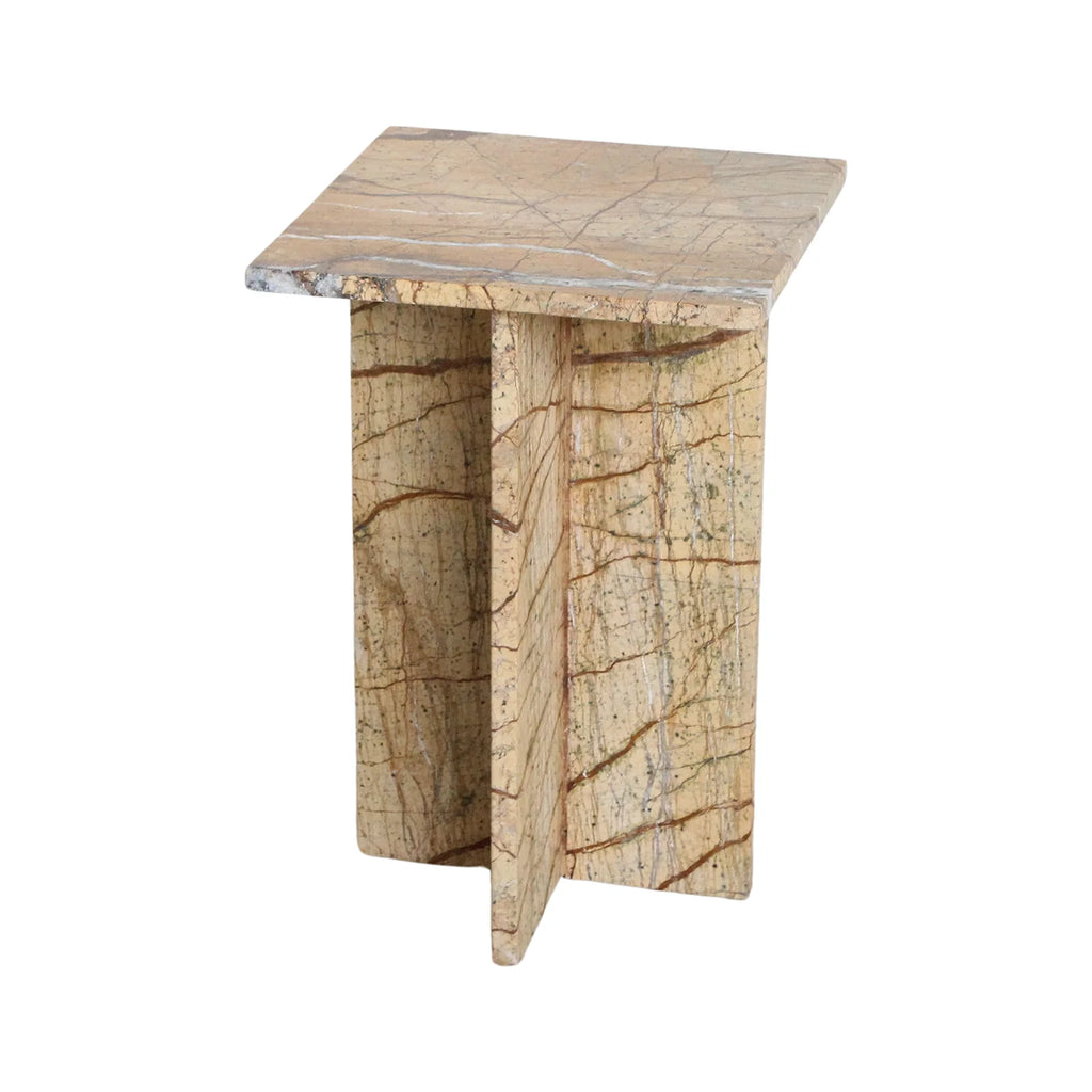 Table d’appoint en marbre beige et brun, piètement croisé T, 35x35 cm