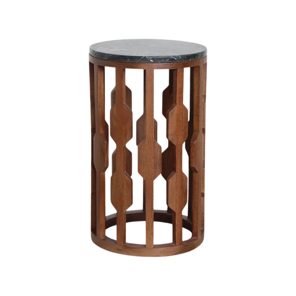 Table d’appoint marbre noir pied bois ajouré géométrique Ø40 cm