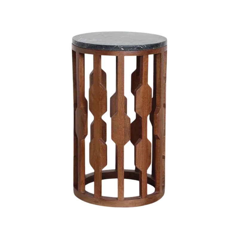 Table d’appoint marbre noir pied bois ajouré géométrique – Ø40 cm