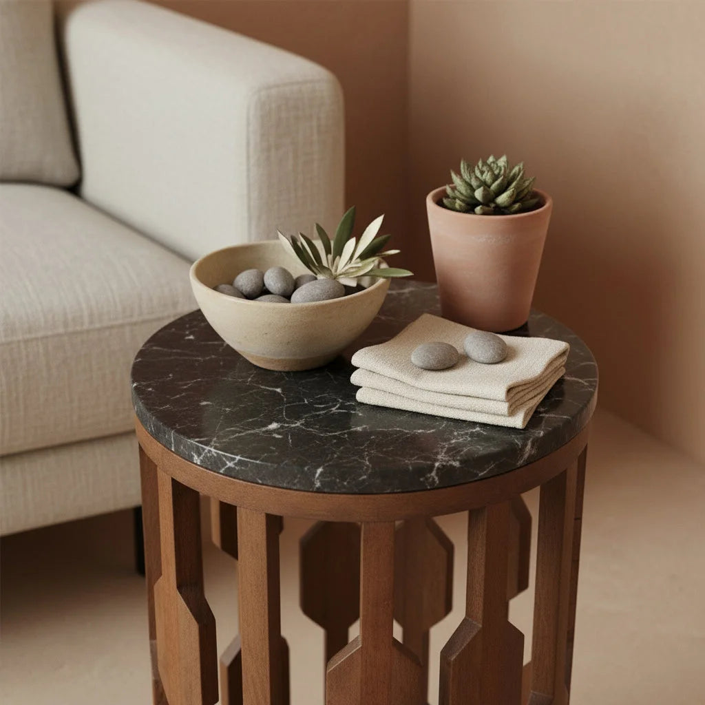 Table dappoint marbre noir pied bois ajouré géométrique Ø40 cm