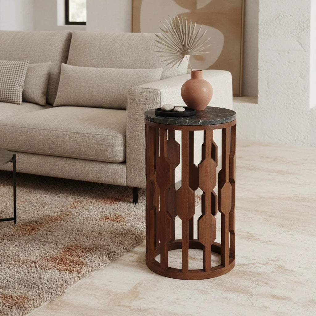 Table d’appoint marbre noir, pied bois ajouré géométrique Ø40 cm
