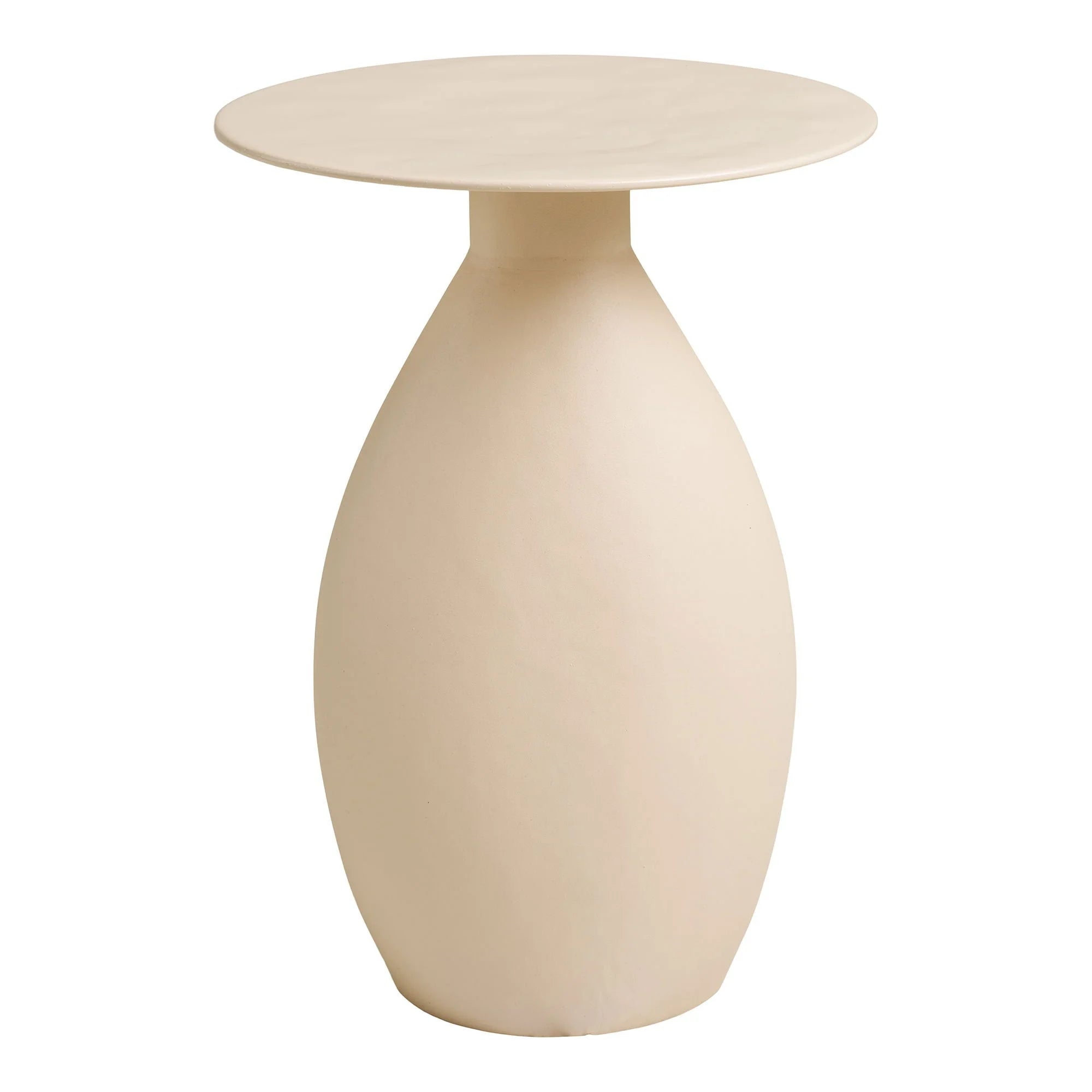 Table d’appoint en métal émaillé beige mat, forme sculpturale Ø36 cm