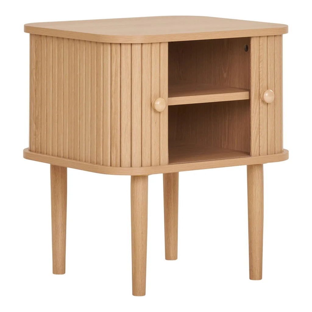 Table dappoint en pin et MDF naturelle à lattes verticales et boutons ronds