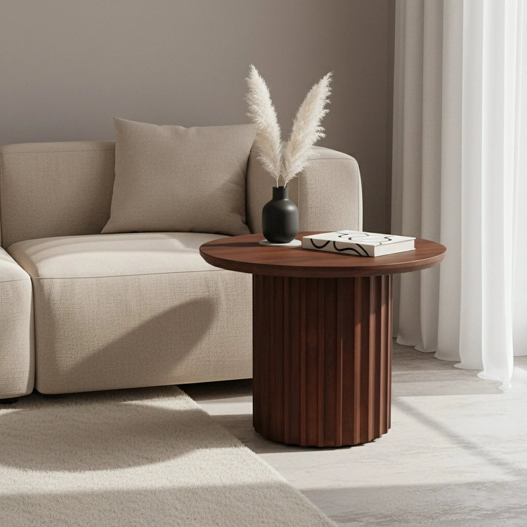 Table d’appoint ronde en bois brun foncé cannelé, Ø55 cm