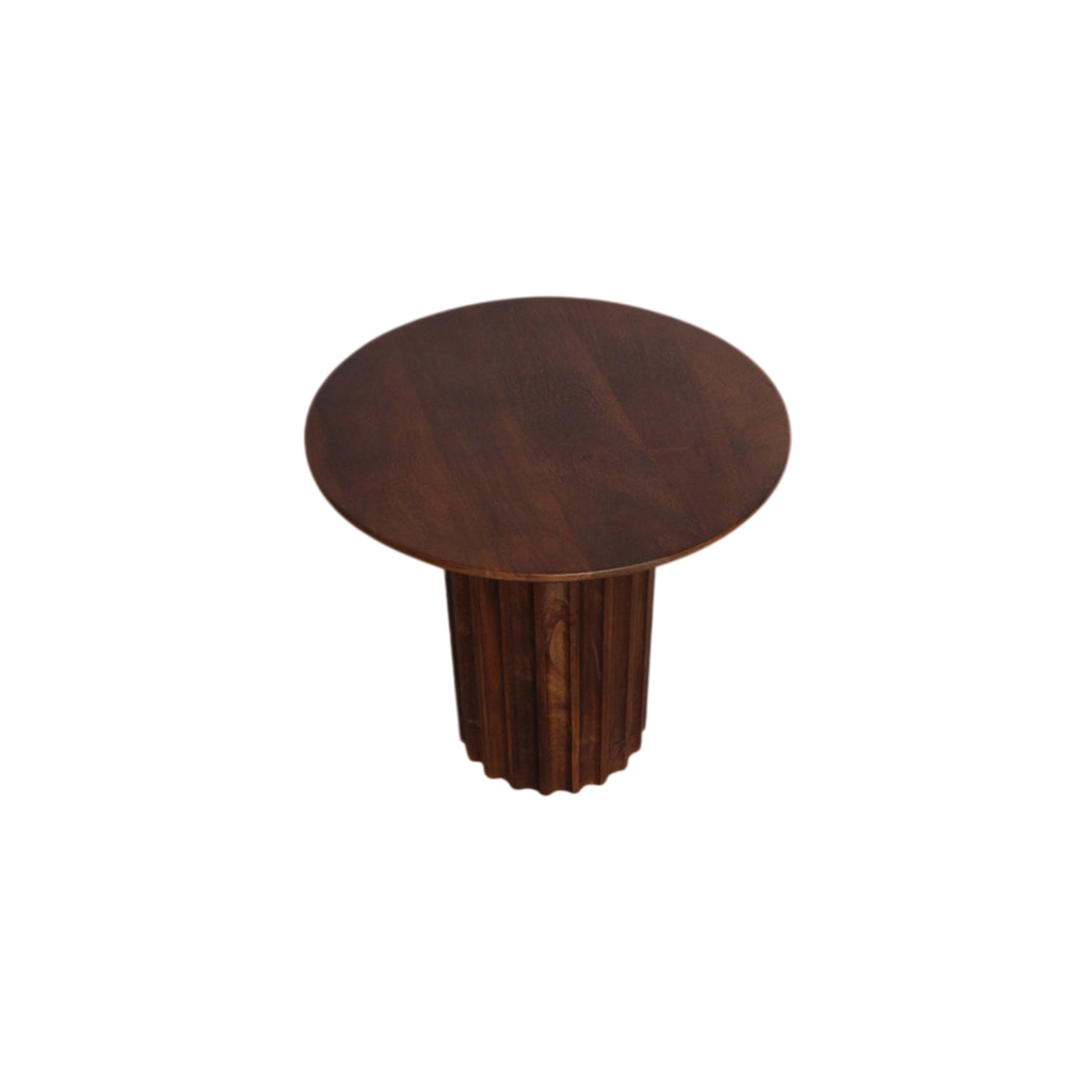 Table d’appoint ronde en bois brun pied colonne cannelé Ø50 cm