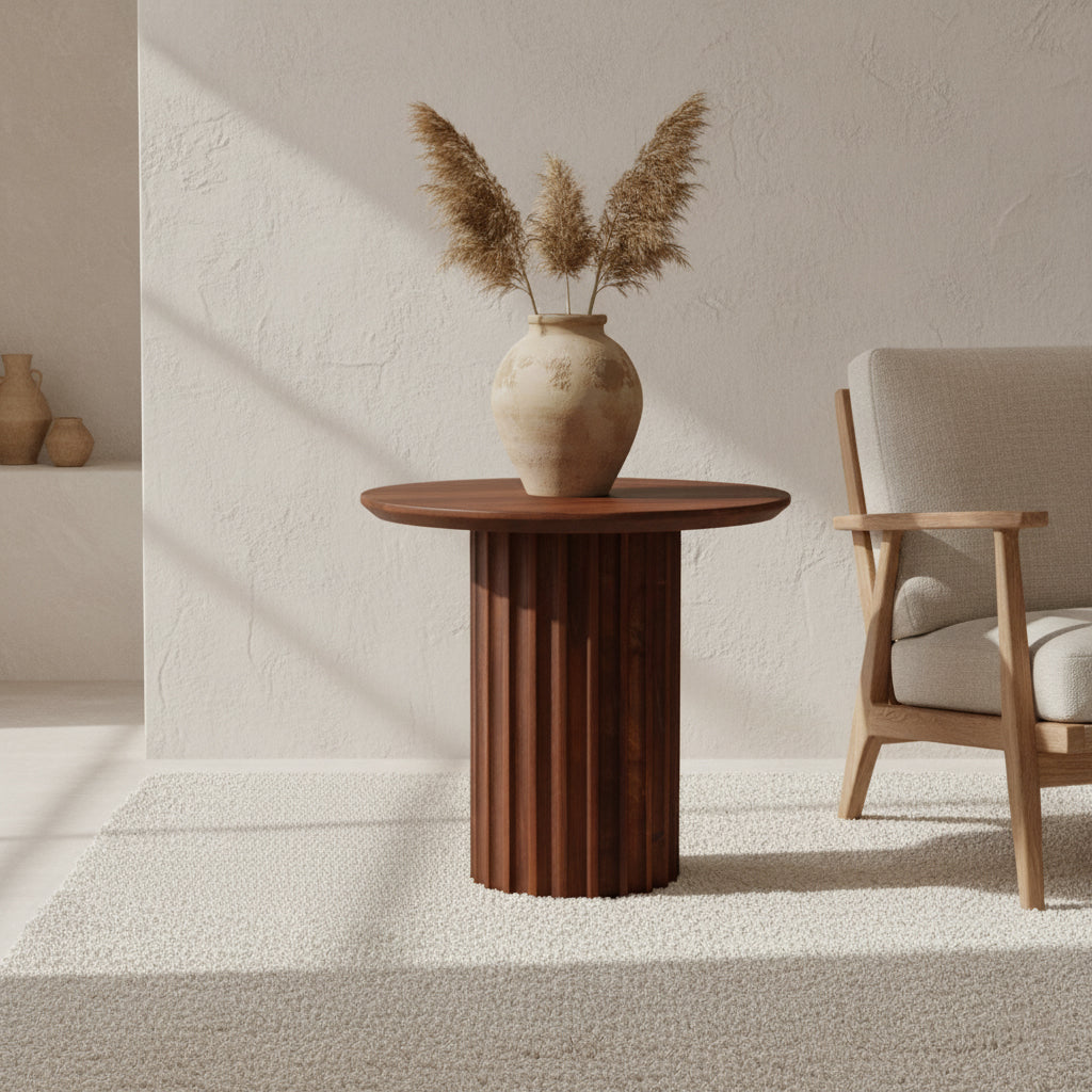 Table d’appoint ronde en bois brun, pied colonne cannelé, Ø50 cm