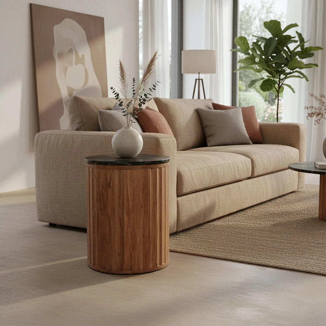 Table d’appoint ronde en bois cannelé et marbre noir, Ø40 cm