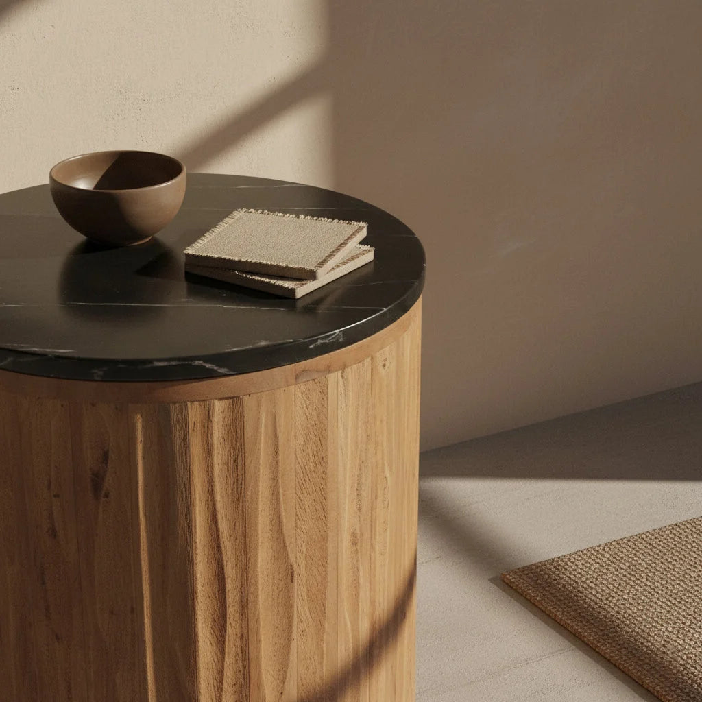 Table d’appoint ronde en bois cannelé et marbre noir Ø40 cm