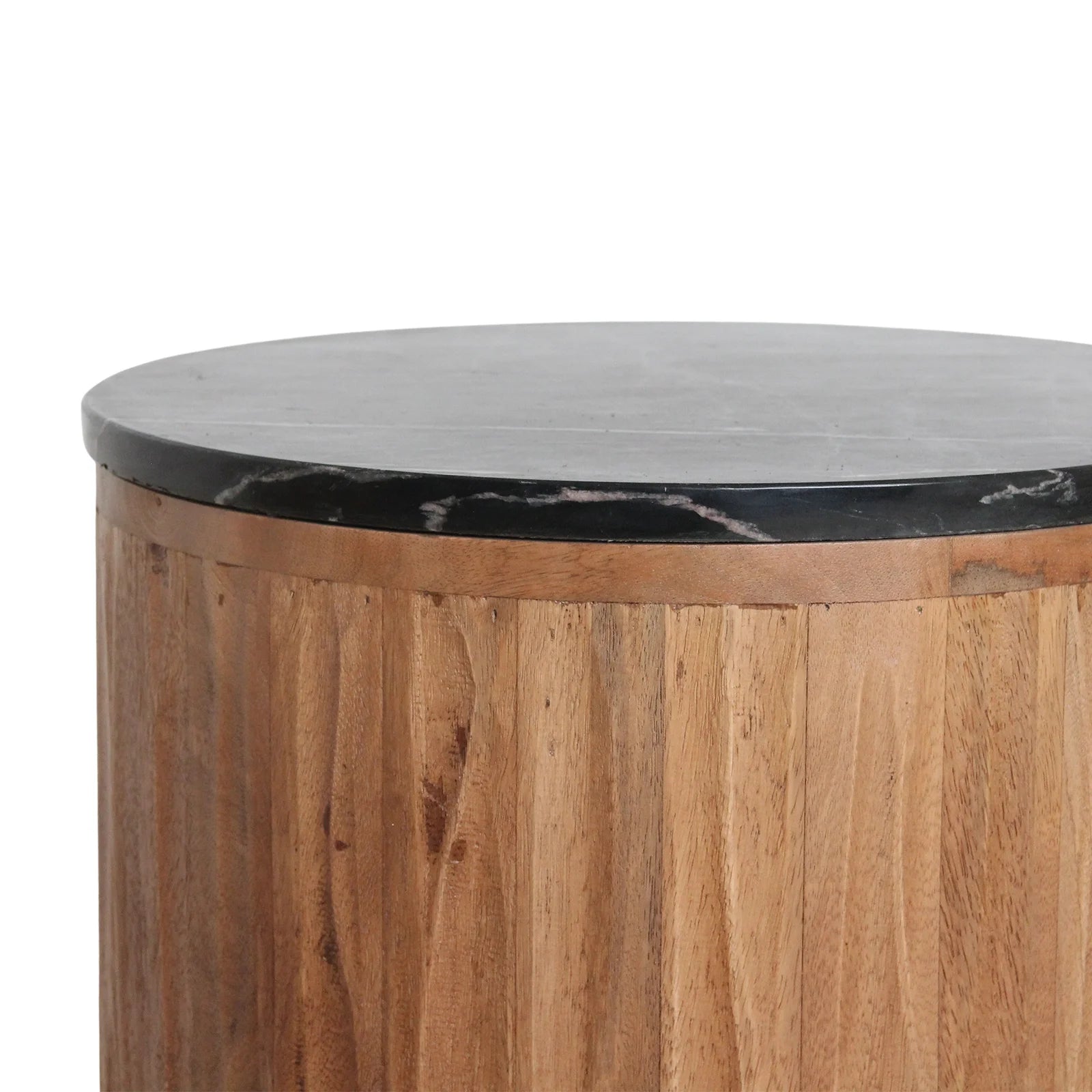Table d’appoint ronde en bois cannelé et marbre noir, Ø40 cm