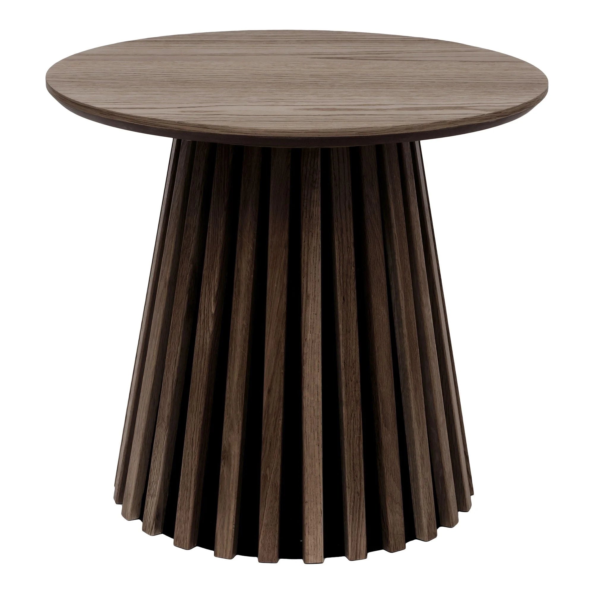 Table d’appoint ronde en bois sombre, piétement sculptural plissé – Ø50 cm