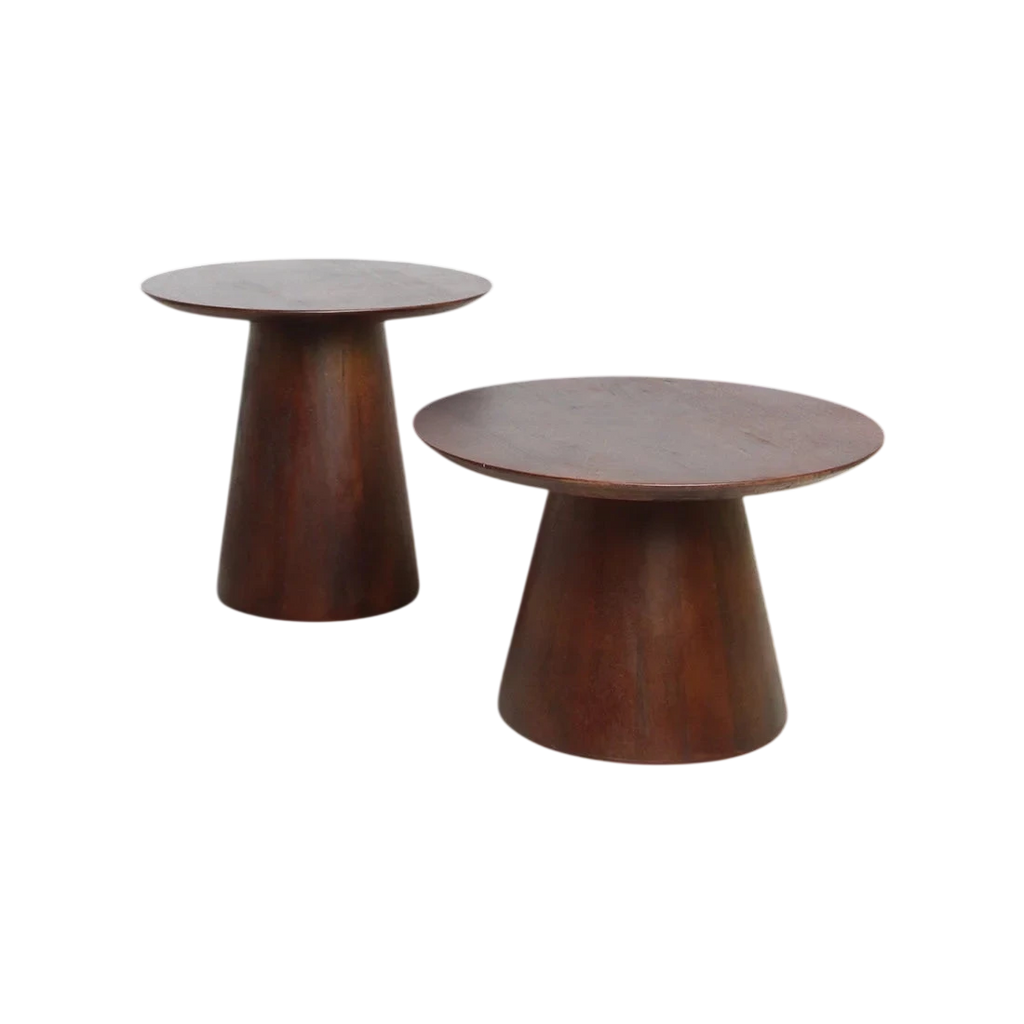 Deux tables d’appoint rondes en bois de manguier brun conique, Ø55 cm, cuivre
