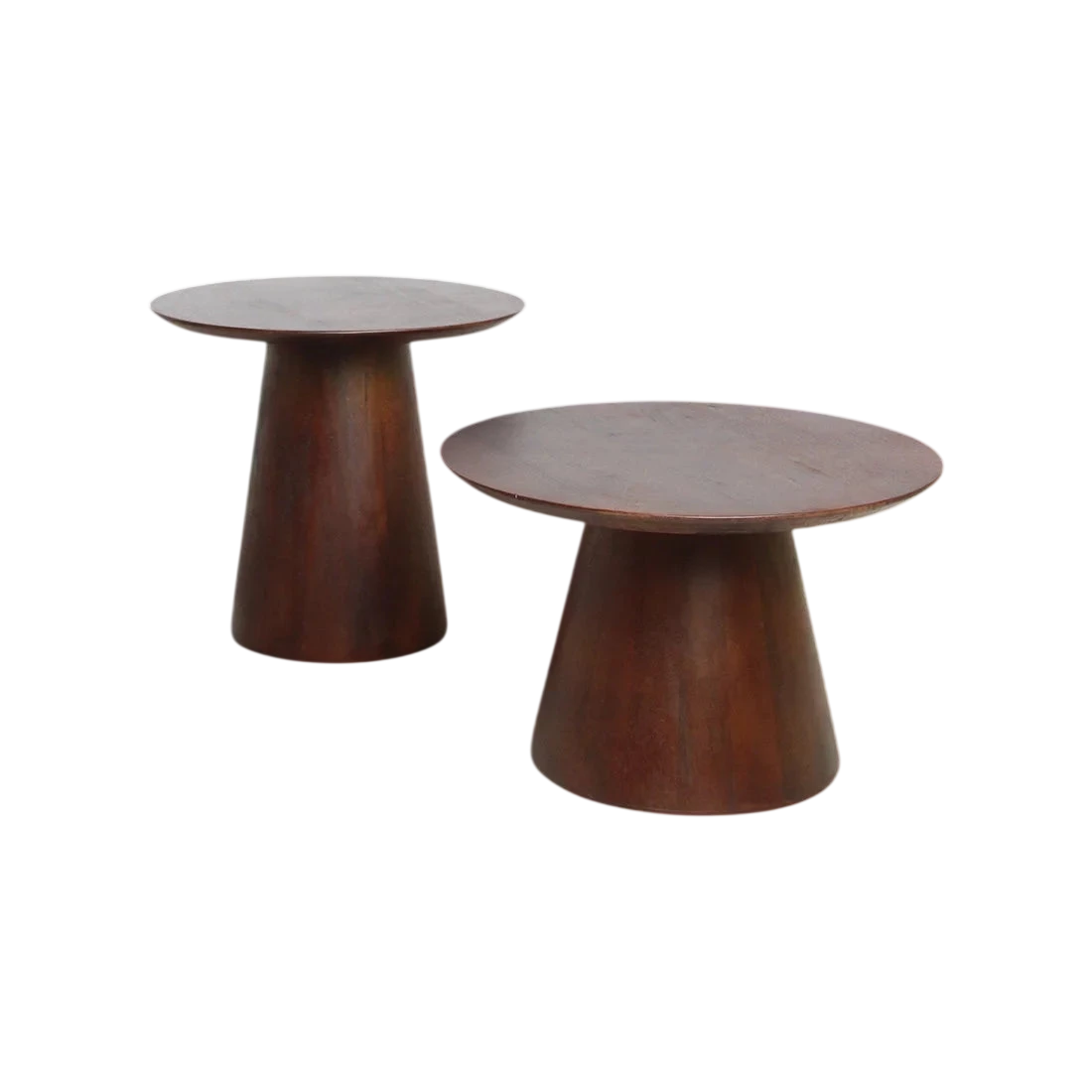 Deux tables d’appoint rondes en bois de manguier brun conique, Ø55 cm, cuivre