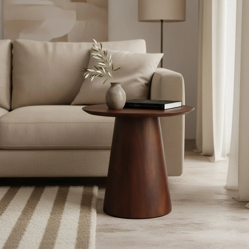 Table d’appoint ronde en bois de manguier brun, Ø50 cm, base conique