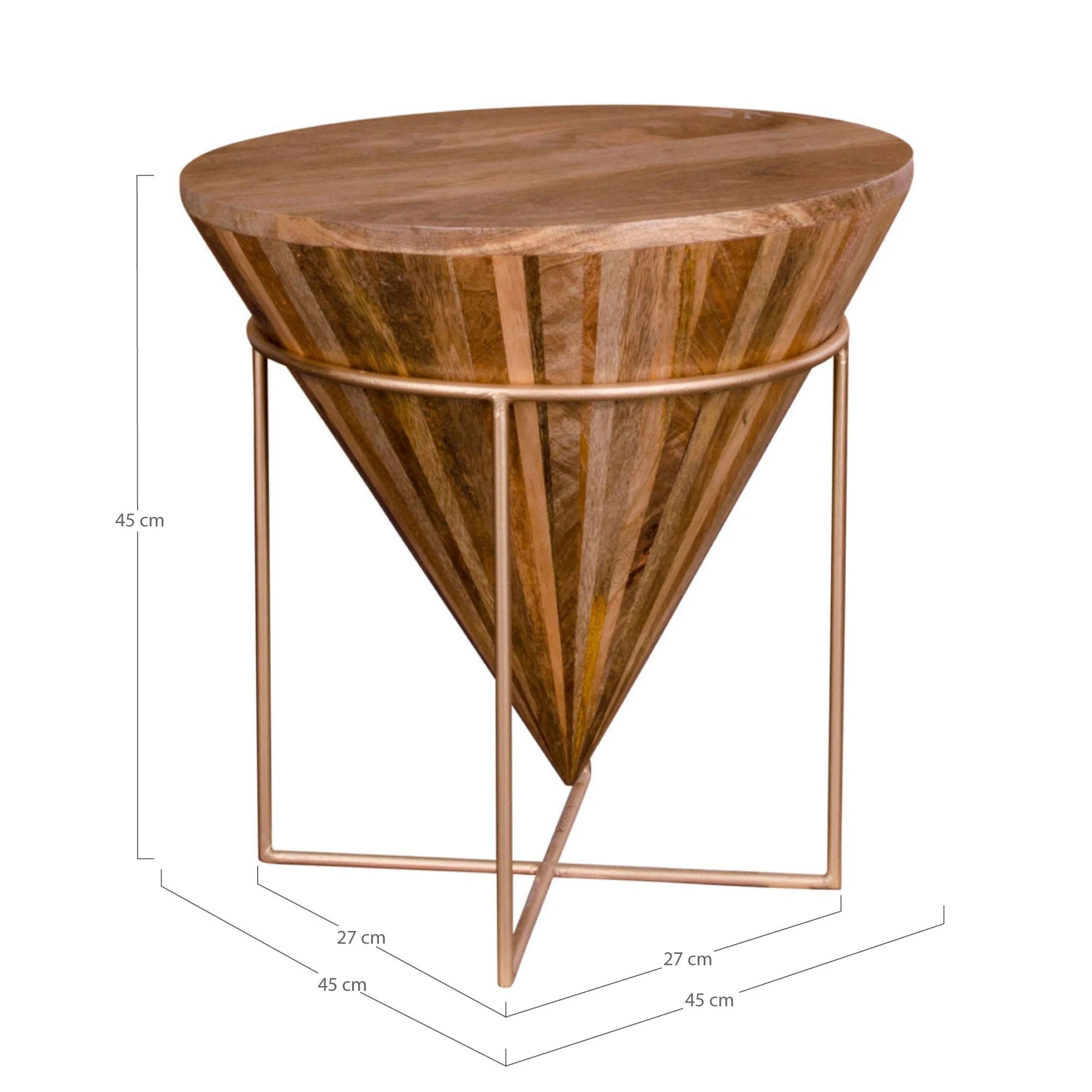 Table d’appoint ronde en bois de manguier et métal doré, conique, Ø45 cm