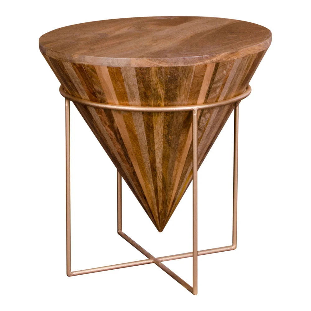Table d’appoint ronde en bois de manguier et métal doré avec base conique, diamètre 45 cm