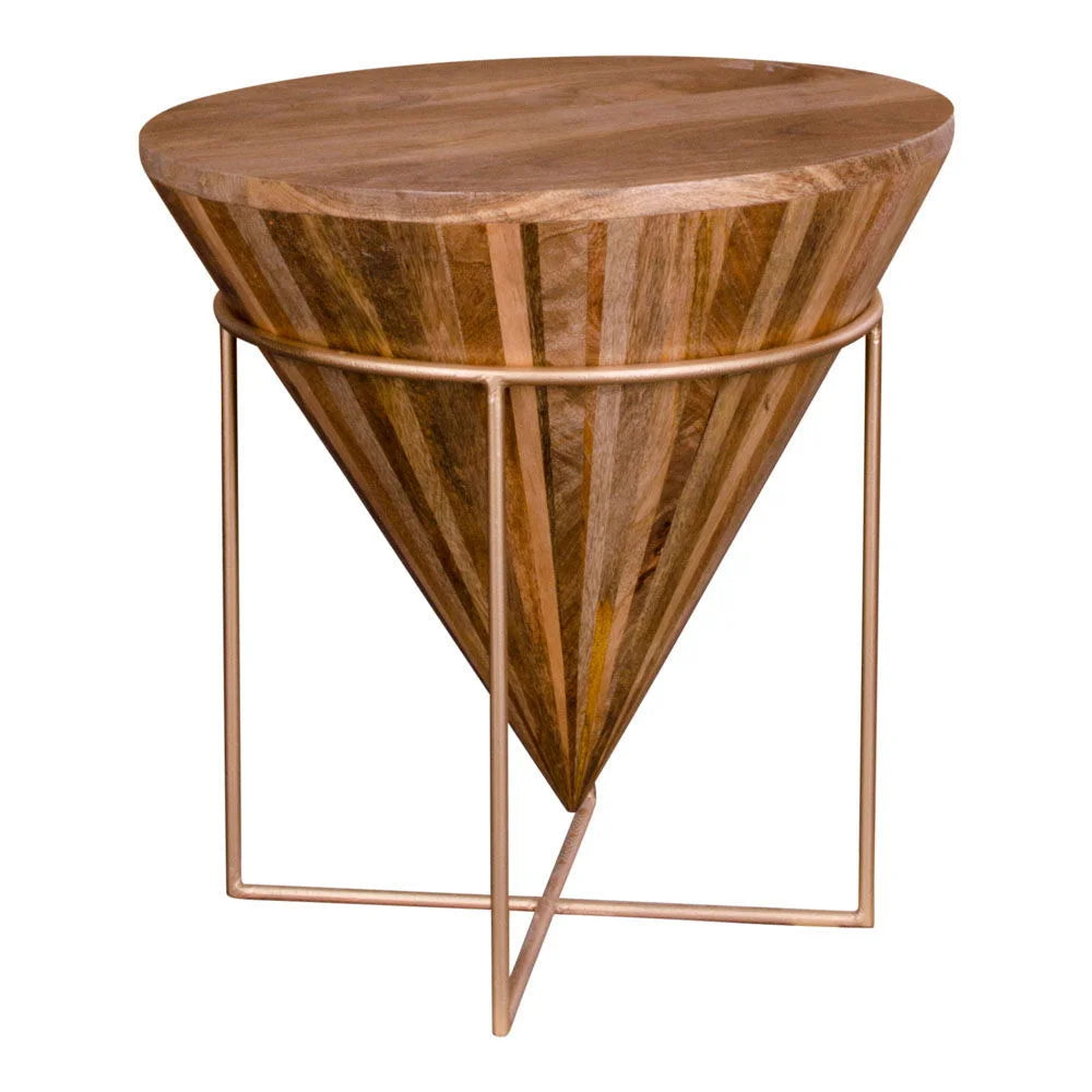 Table d’appoint ronde en bois de manguier et métal doré avec base conique