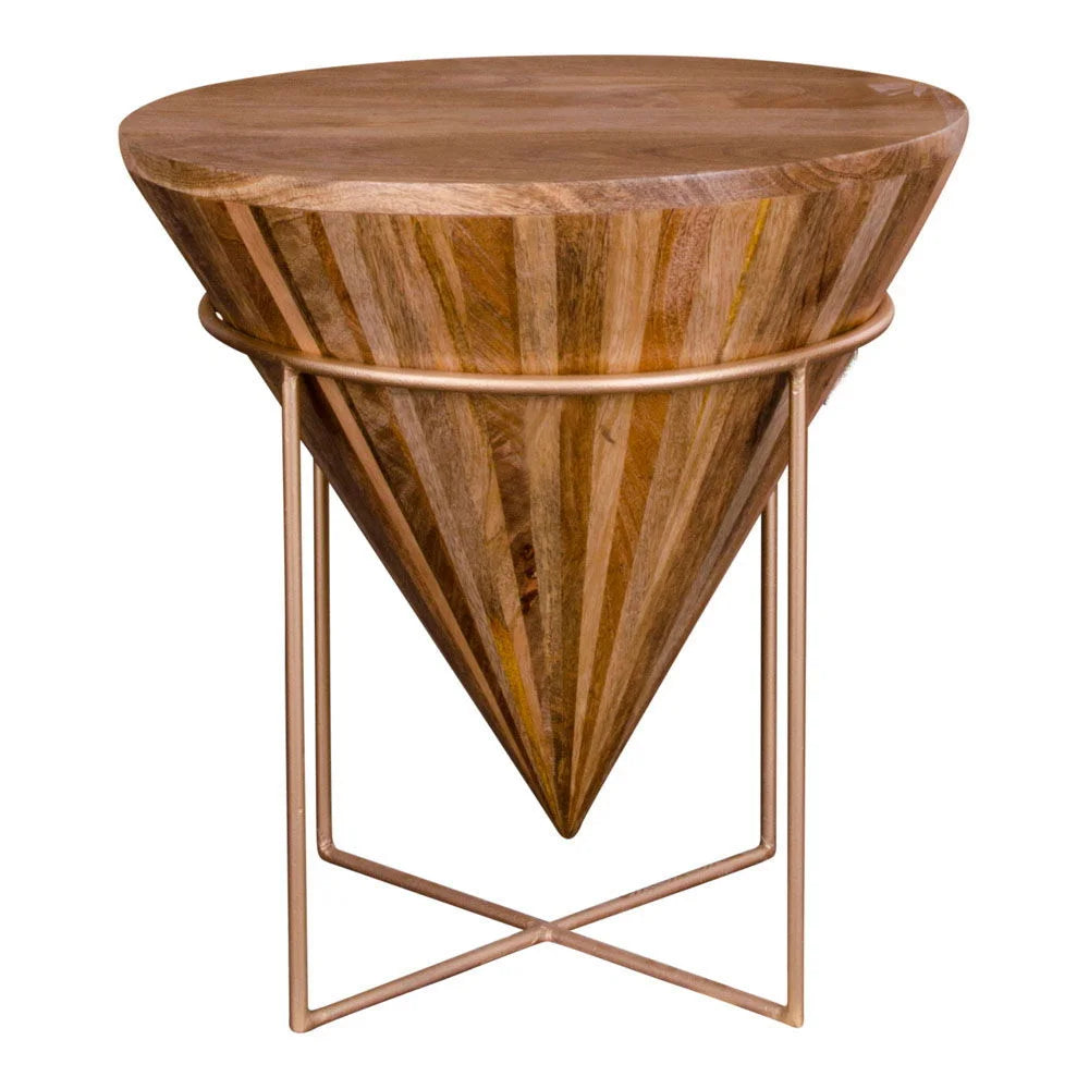 Table d’appoint ronde en bois de manguier avec base métallique dorée, design unique