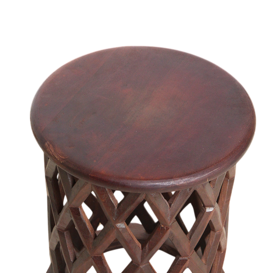 Table d’appoint ronde en bois de manguier motif losanges ajourés – Ø35 cm