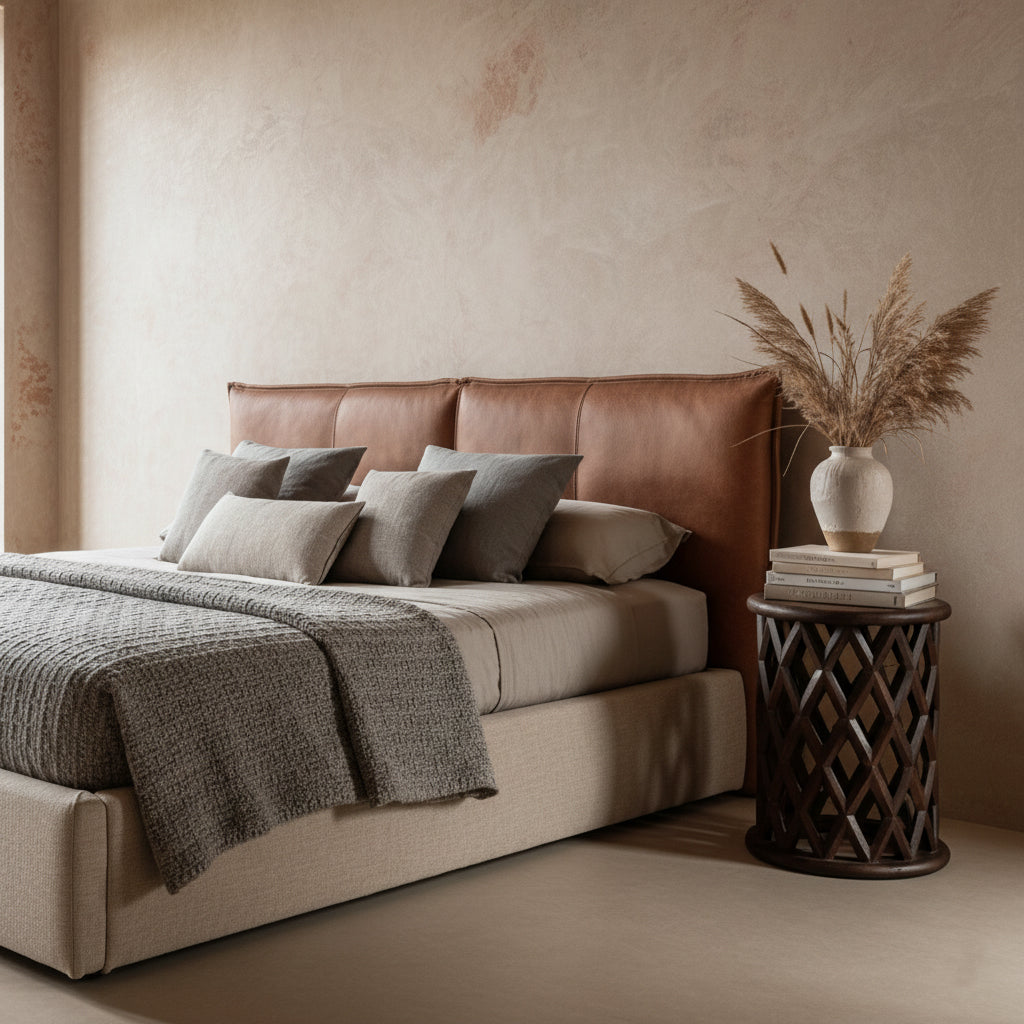 Table d’appoint ronde en bois de manguier motif losanges ajourés – Ø35 cm