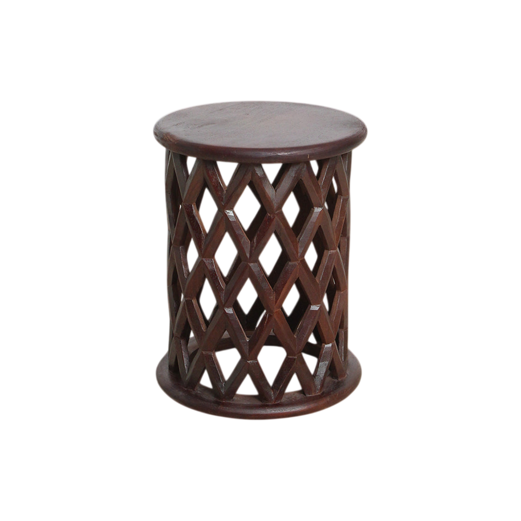 Table d’appoint ronde en bois de manguier motif losanges ajourés – Ø35 cm