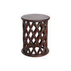 Table d’appoint ronde en bois de manguier motif losanges ajourés – Ø35 cm