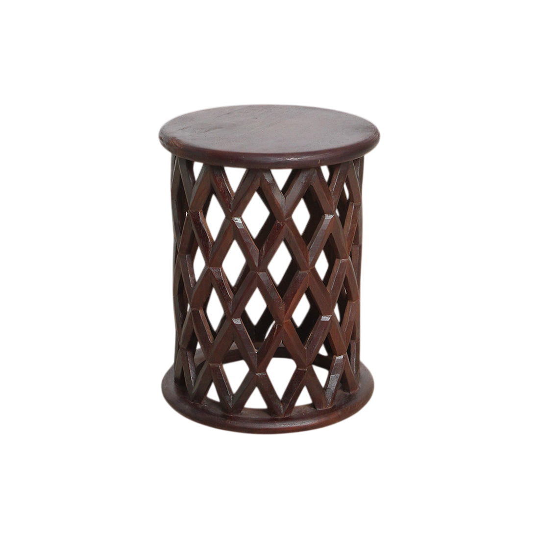 Table d’appoint ronde en bois de manguier motif losanges ajourés – Ø35 cm