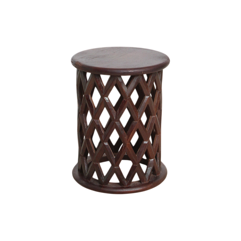 Table d’appoint ronde en bois de manguier motif losanges ajourés – Ø35 cm