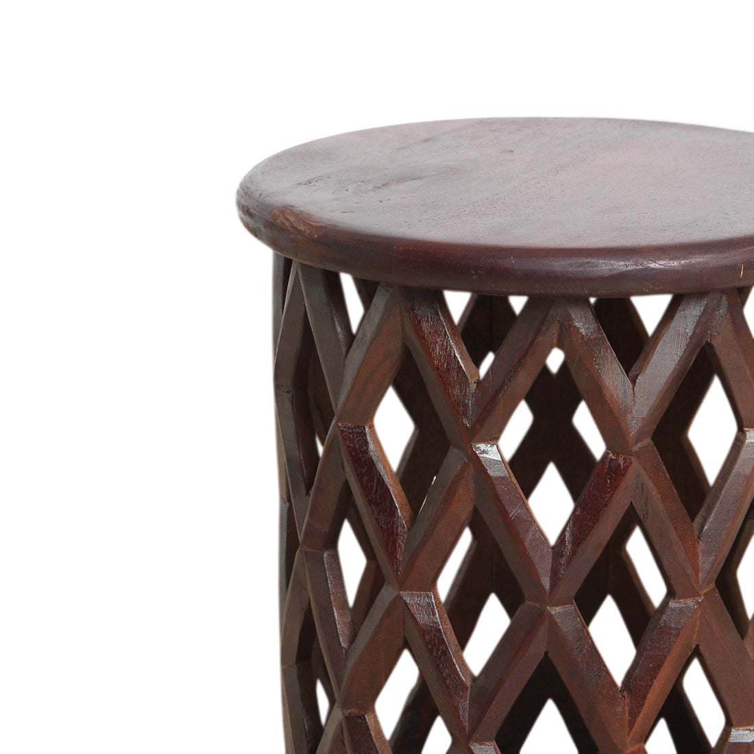 Table d’appoint ronde en bois de manguier motif losanges ajourés – Ø35 cm