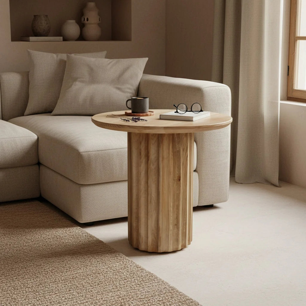 Table d’appoint ronde en bois de manguier sculpté, Ø50 cm