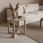 Table d’appoint ronde effet marbre blanc sur pieds bois clair, Ø50 cm