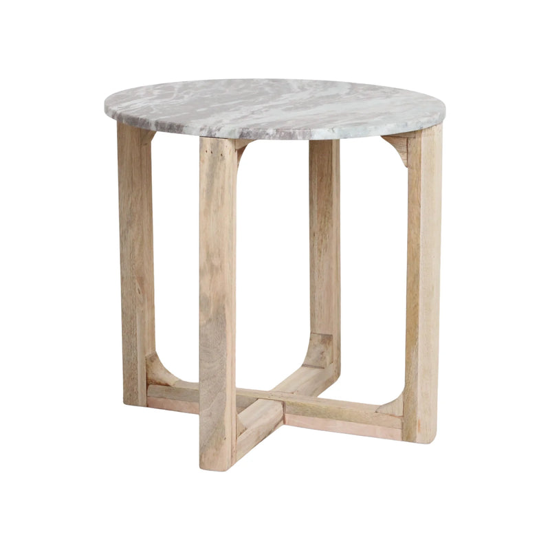 Table d’appoint ronde effet marbre blanc pied bois clair – Ø50 cm