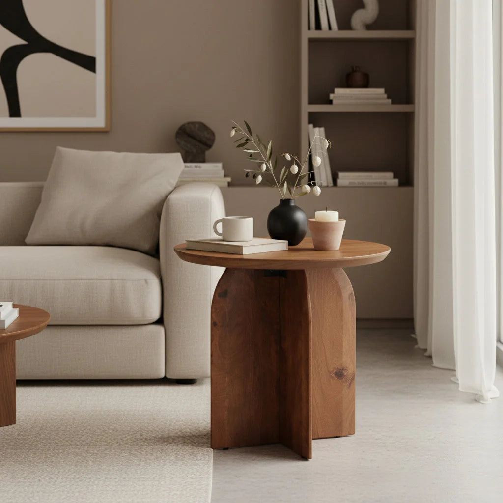 Table d’appoint ronde en manguier brun, piètement croisé, Ø50 cm