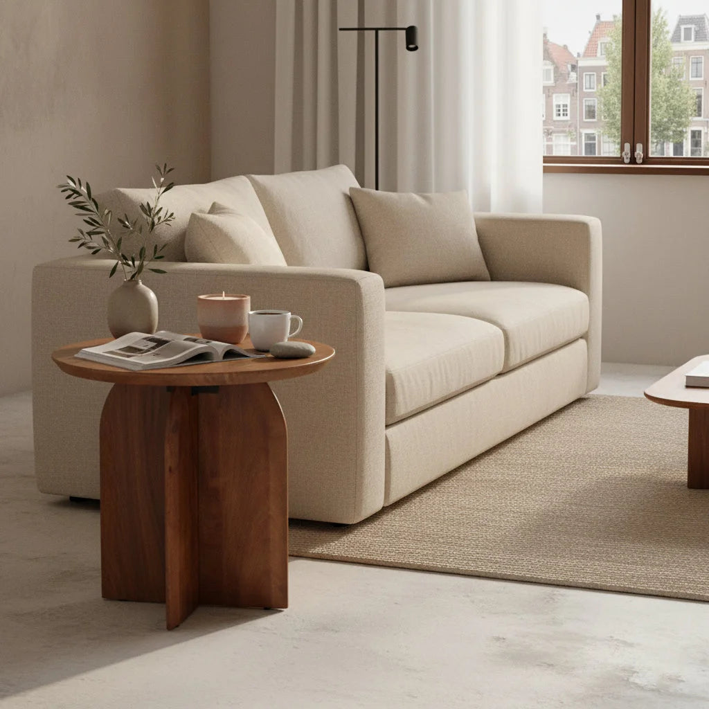 Canapé beige capitonné lignes épurées coussins assortis