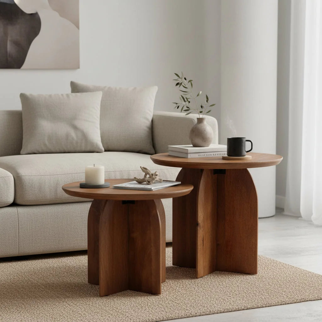 Paire de tables gigognes en manguier brun, piètements croisés sculpturaux, Ø50 cm