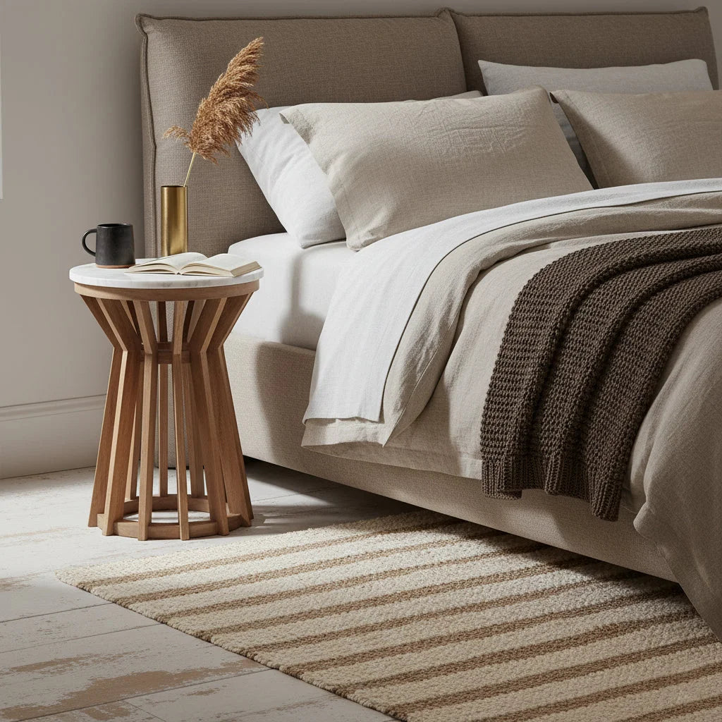 Table d’appoint ronde en bois clair ajouré et marbre blanc, Ø40 cm