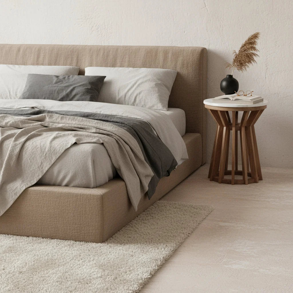 Lit rond d’appoint en marbre blanc et bois clair ajouré Ø40 cm