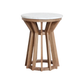 Table d’appoint ronde en marbre blanc et bois clair ajouré, Ø40 cm