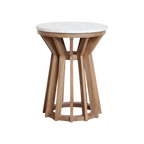Table d’appoint ronde en marbre blanc et bois clair ajouré, Ø40 cm