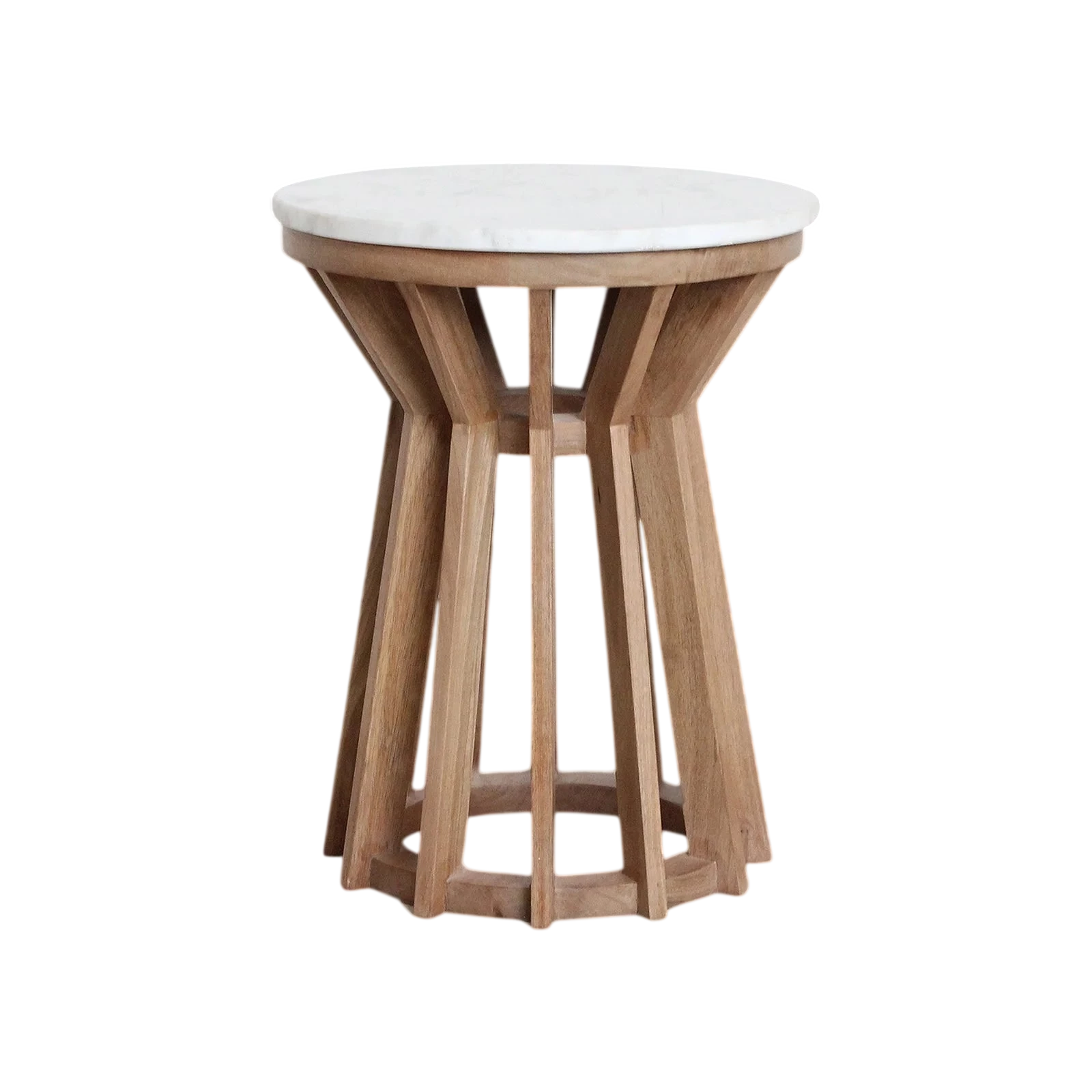 Table d’appoint ronde en marbre blanc et bois clair ajouré, Ø40 cm