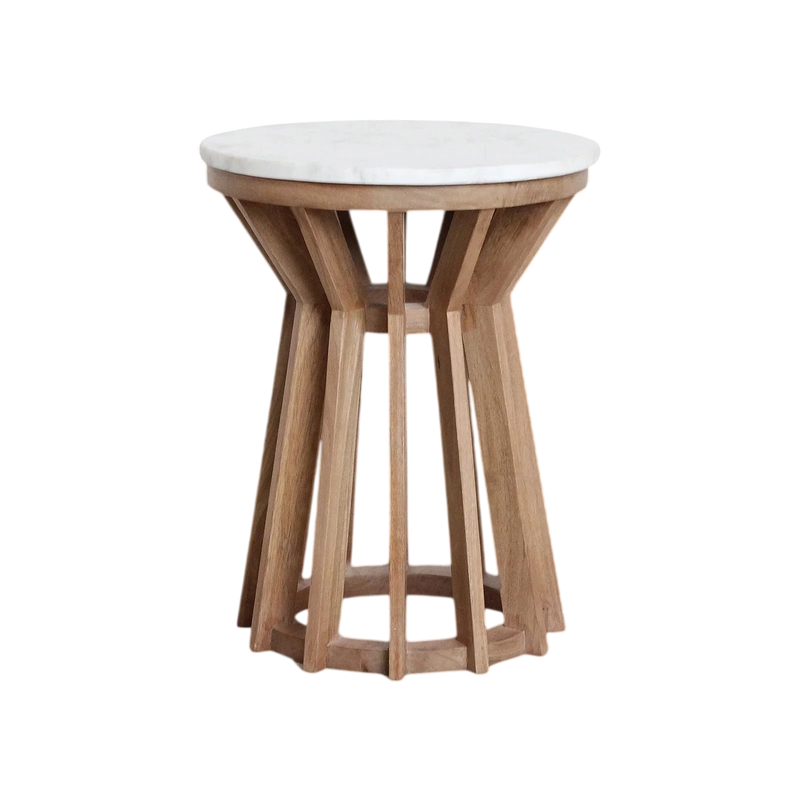 Table d’appoint ronde marbre blanc et bois clair ajouré – Ø40 cm