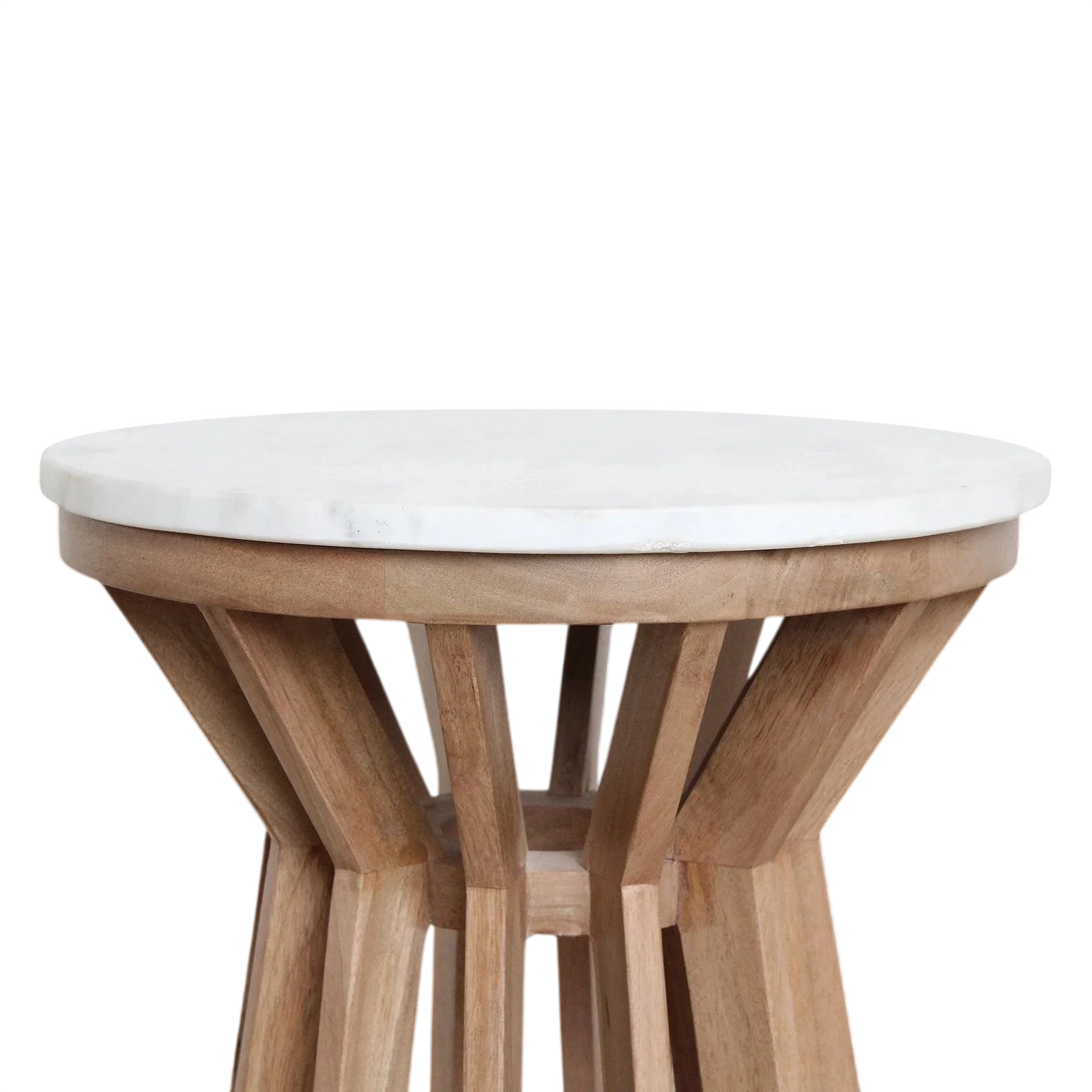 Table d’appoint ronde en marbre blanc et bois clair ajouré Ø40 cm
