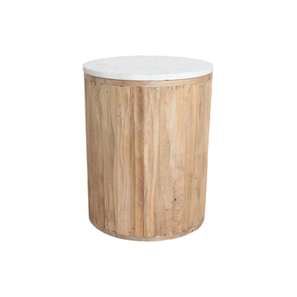 Table d’appoint ronde en marbre blanc et bois clair cannelé, Ø40 cm