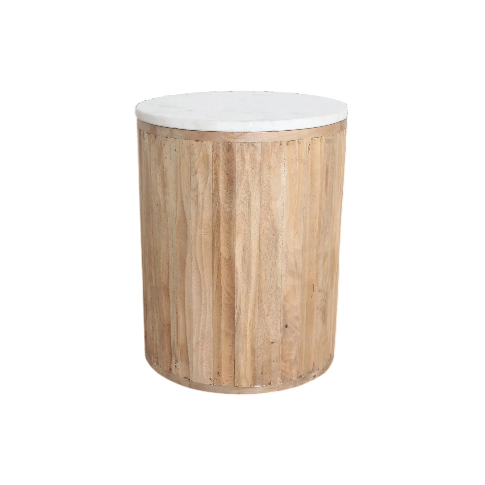 Table d’appoint ronde en marbre blanc et bois clair cannelé, Ø40 cm