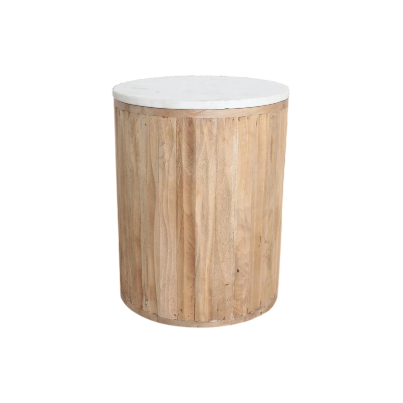 Table d’appoint ronde marbre blanc et bois clair cannelé – Ø40 cm