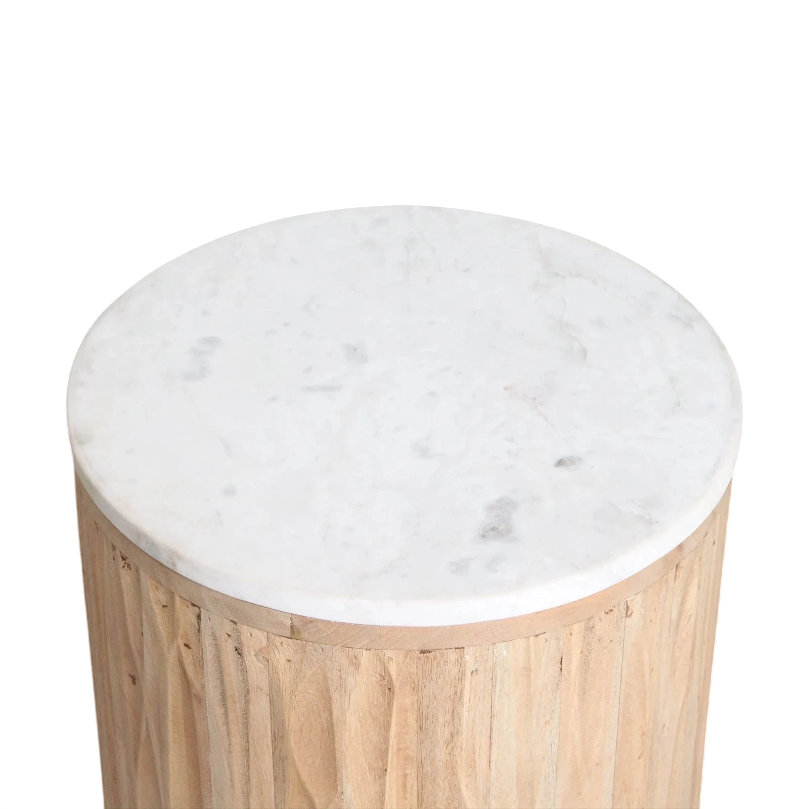 Table d’appoint ronde en marbre blanc et bois clair cannelé, Ø40 cm