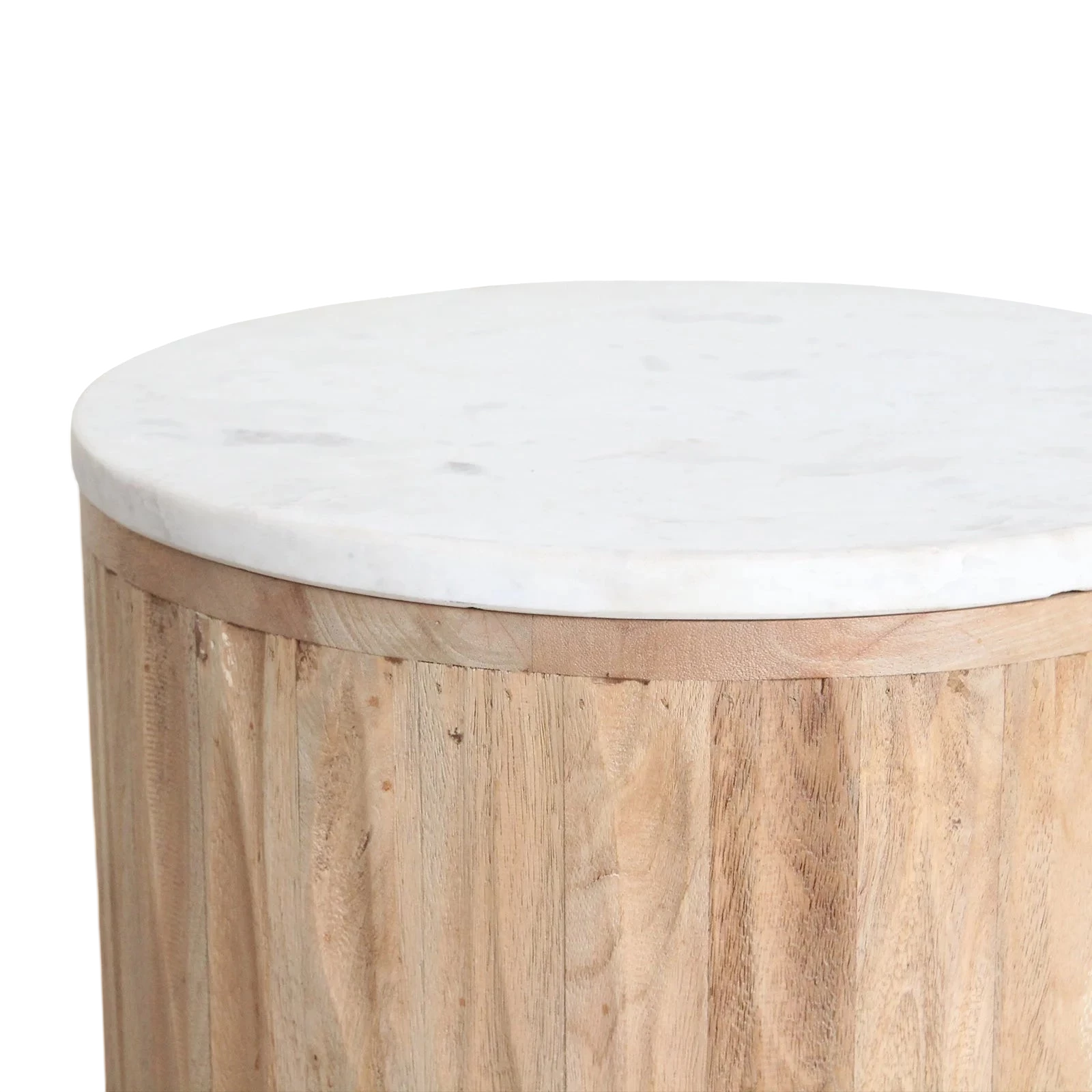 Table d’appoint ronde en marbre blanc et bois clair cannelé Ø40 cm